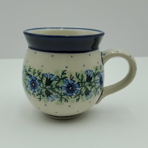 Polish Pottery Dotted Violet Bubble Mugs Blue Flowers & Dots Round Mugs - Picture 7 of 10